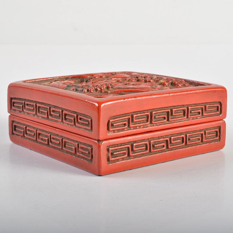 中国　剔紅　堆朱　山水文　四方香合　合わせ箱　M　R7056