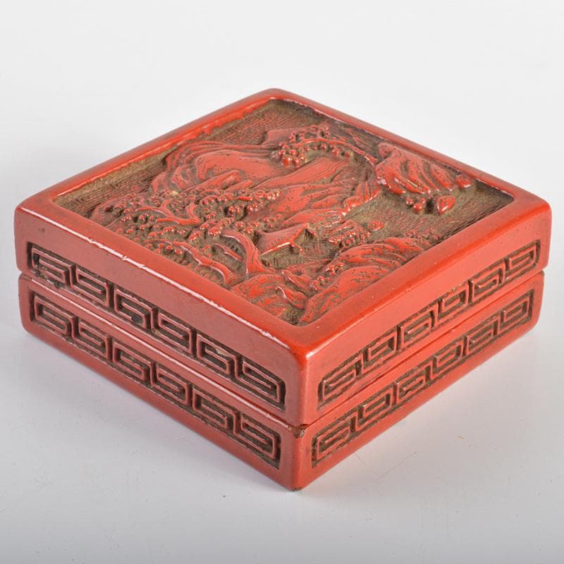 中国　剔紅　堆朱　山水文　四方香合　合わせ箱　M　R7056