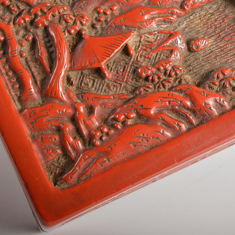 中国　剔紅　堆朱　山水文　四方香合　合わせ箱　M　R7056