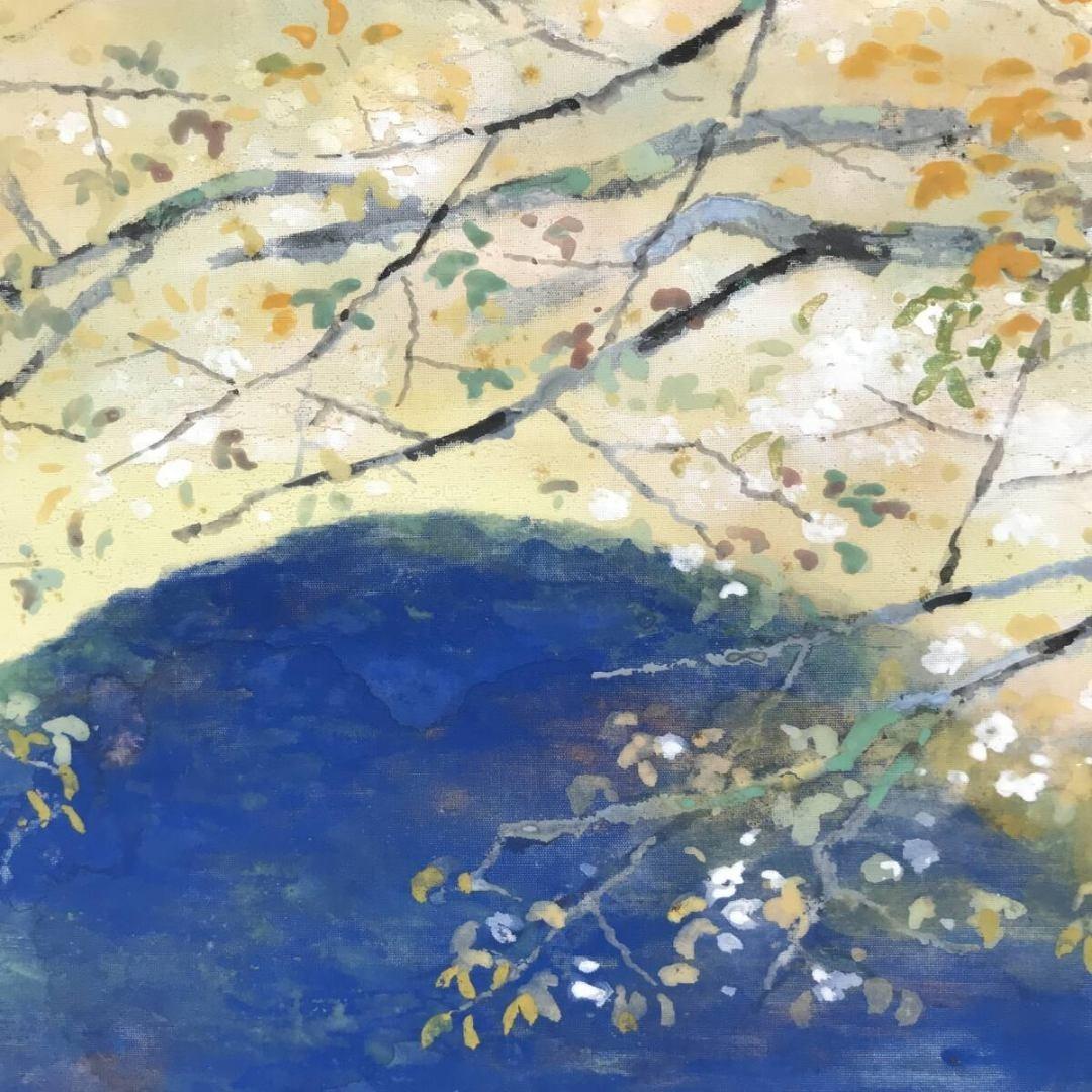 真作/浜孤嘯/廣沢池/桜図/春の掛軸/山水図/横物/掛軸☆宝船☆AK-635