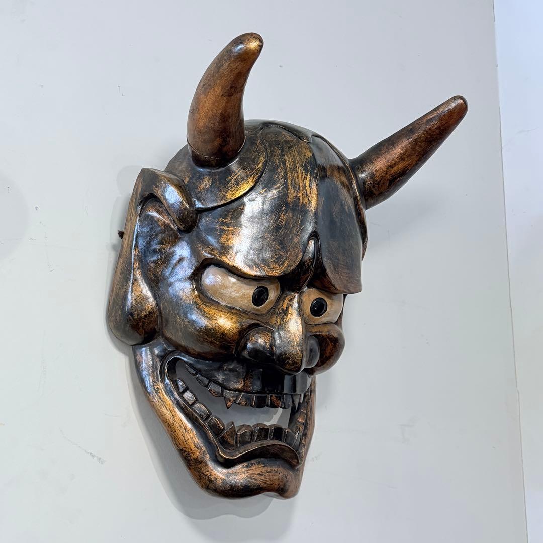 時代年代物 特大 木彫 塗金黒漆 般若 お面 壁飾り 縦約70㎝ 能面 東洋彫刻