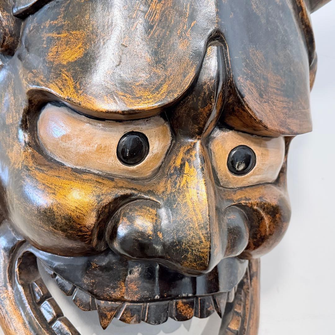 時代年代物 特大 木彫 塗金黒漆 般若 お面 壁飾り 縦約70㎝ 能面 東洋彫刻