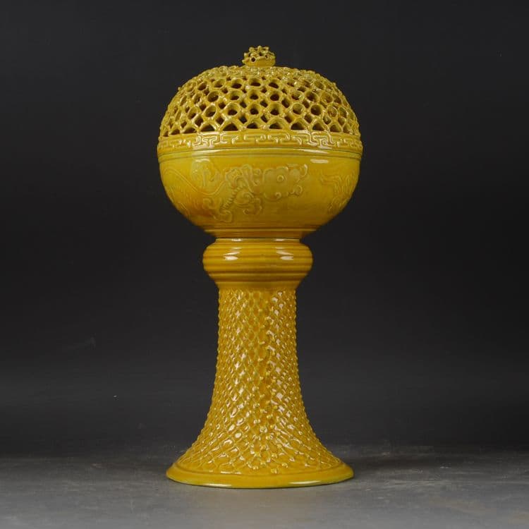 景徳鎮 高脚黄釉香炉 香道具 美術品 現代工芸品 美術品 置物