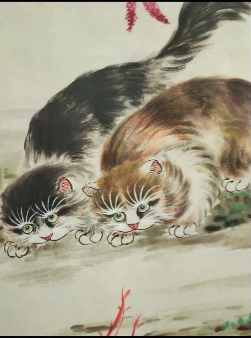 郎世寧 双猫図 中堂掛軸 宣紙 手工表装 可愛い猫と錦鯉 鑑賞用 170×70