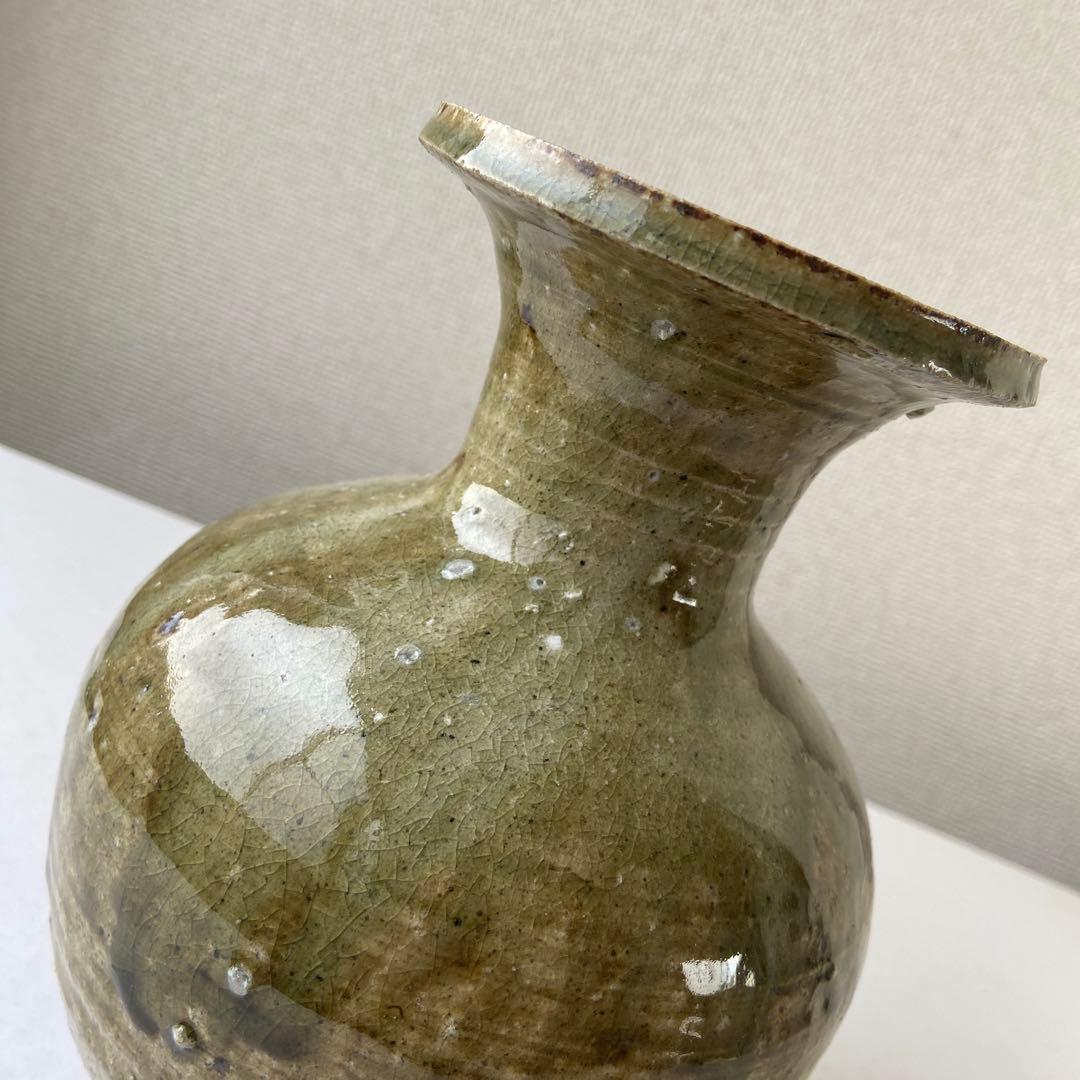 山田和俊　長頸壷　猿投窯　織部　共箱共布