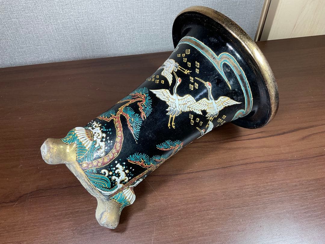 古い蘭鉢「陶香園 龍山在銘品」鶴絵付万年青鉢古美術品(植木鉢盆栽鉢蘭寒蘭旧家)