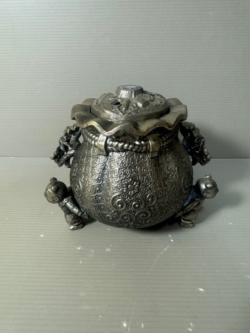 2588 高岡銅器 3足 香炉 寿 香立 風炉