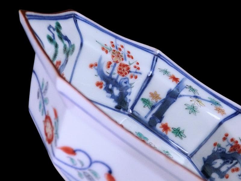 大聖寺伊万里　染錦　柿右衛門写　松竹梅の図　八角膾皿　N293AS-fbuj
