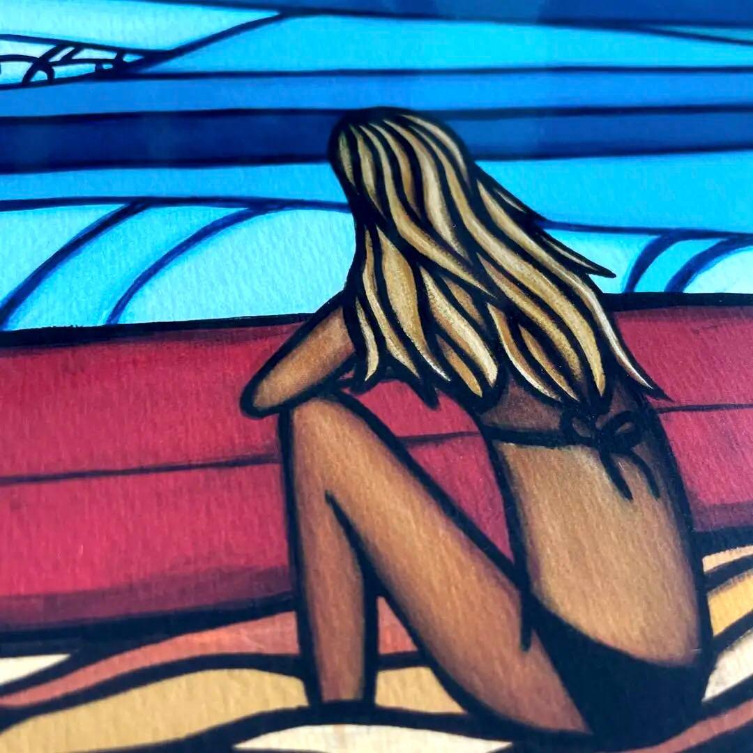 Lサイズ　ヘザー ブラウン 『 サーフ ガール 』 406mm × 508mm