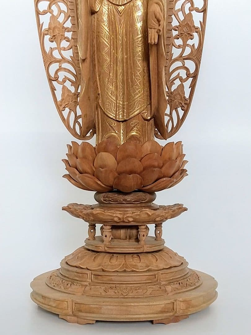 阿弥陀如来立像 4.5寸 #456 円台座 宝相華唐草 透彫り◆白檀 木彫 仏像