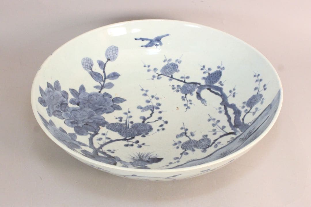 No5146 古伊万里　大明成化年製　染付花鳥文大皿　直径47cm 送料無料