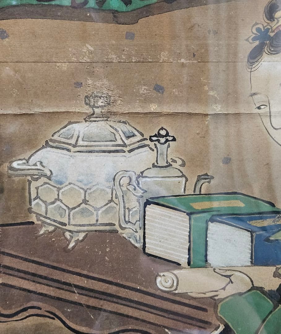 中国古美術　中国古画　紙本肉筆　金彩色絵　人物画　宮中の図　作者不明　簡易額装