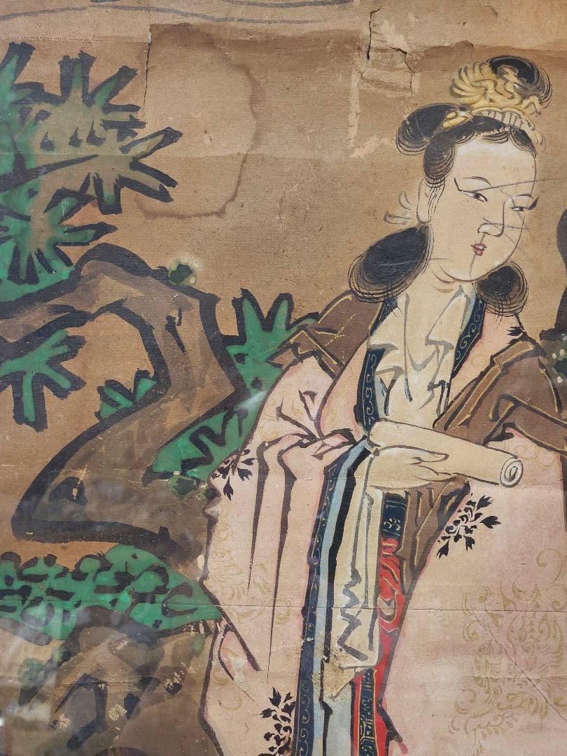 中国古美術　中国古画　紙本肉筆　金彩色絵　人物画　宮中の図　作者不明　簡易額装