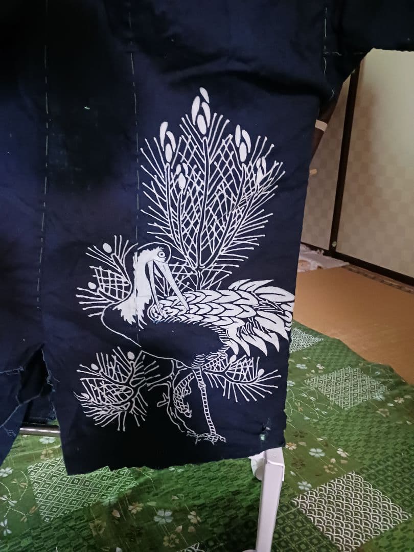 古布　夜着　綿　藍染　筒描き　家紋　鶴松　一枚