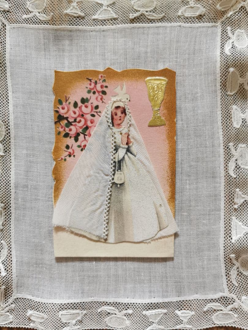 アンティーク ワイングラスモチーフ刺繍レース ＆初聖体式の少女の立体カードセット
