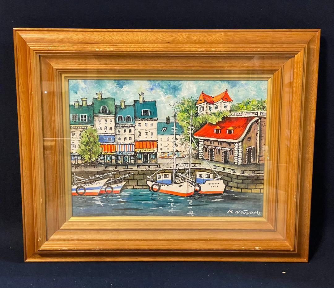 「真作」夏目公平「オンフルール港町」風景画　油彩画　額装　サイン有り　F4号