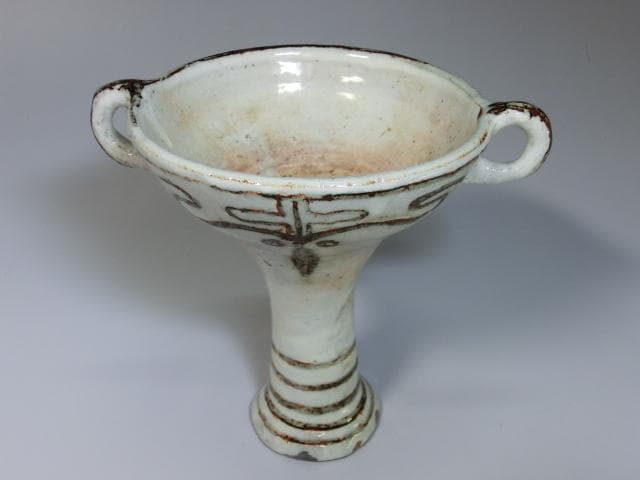 盃■変わった形の白釉高台杯 変鉢 盃洗 祭具 酒杯 置物 耳付 骨董品珍品 少■