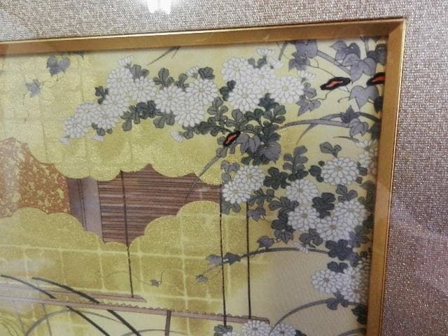 額装正絹染め江戸時代風俗絵「職人尽絵・機織図（しょくにんづくしえ・はたおりず）」