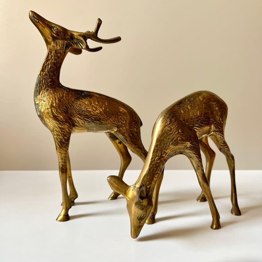 金属　真鍮　鹿　ペア　置物　大