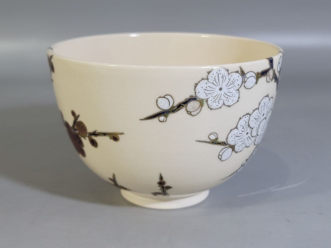 DT560 茶道具 清閑寺窯 祥平造 色絵紅白梅茶碗 共箱 美品