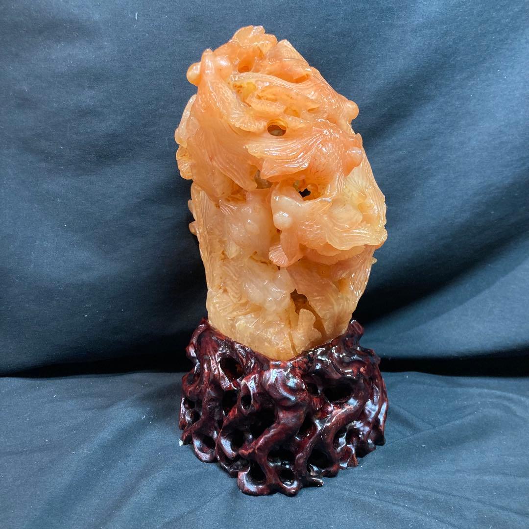 《中国美術》天然石 彫刻 金魚 水草 置物