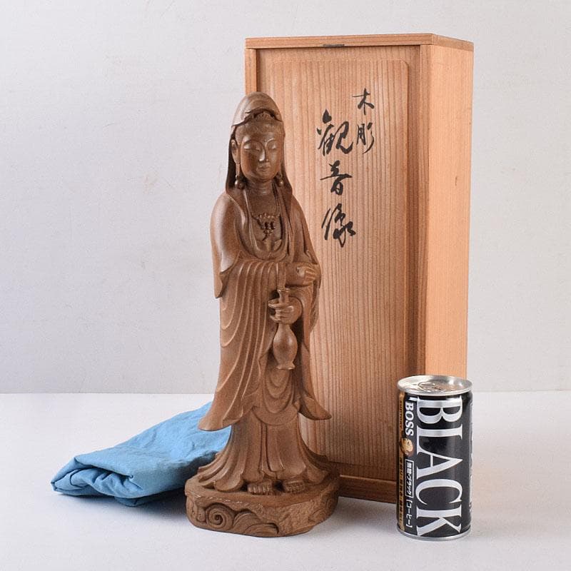 仏教美術　藤田東光拝刀　木彫　観音像　仏像　置物　共箱　M　R9050