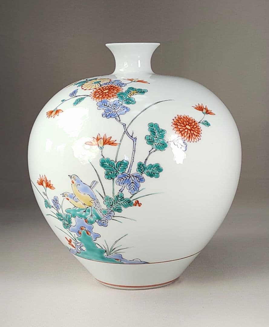 希少 重要無形文化財 中村清六作 有田焼 高麗庵清六窯 白磁錦絵 花鳥紋花瓶