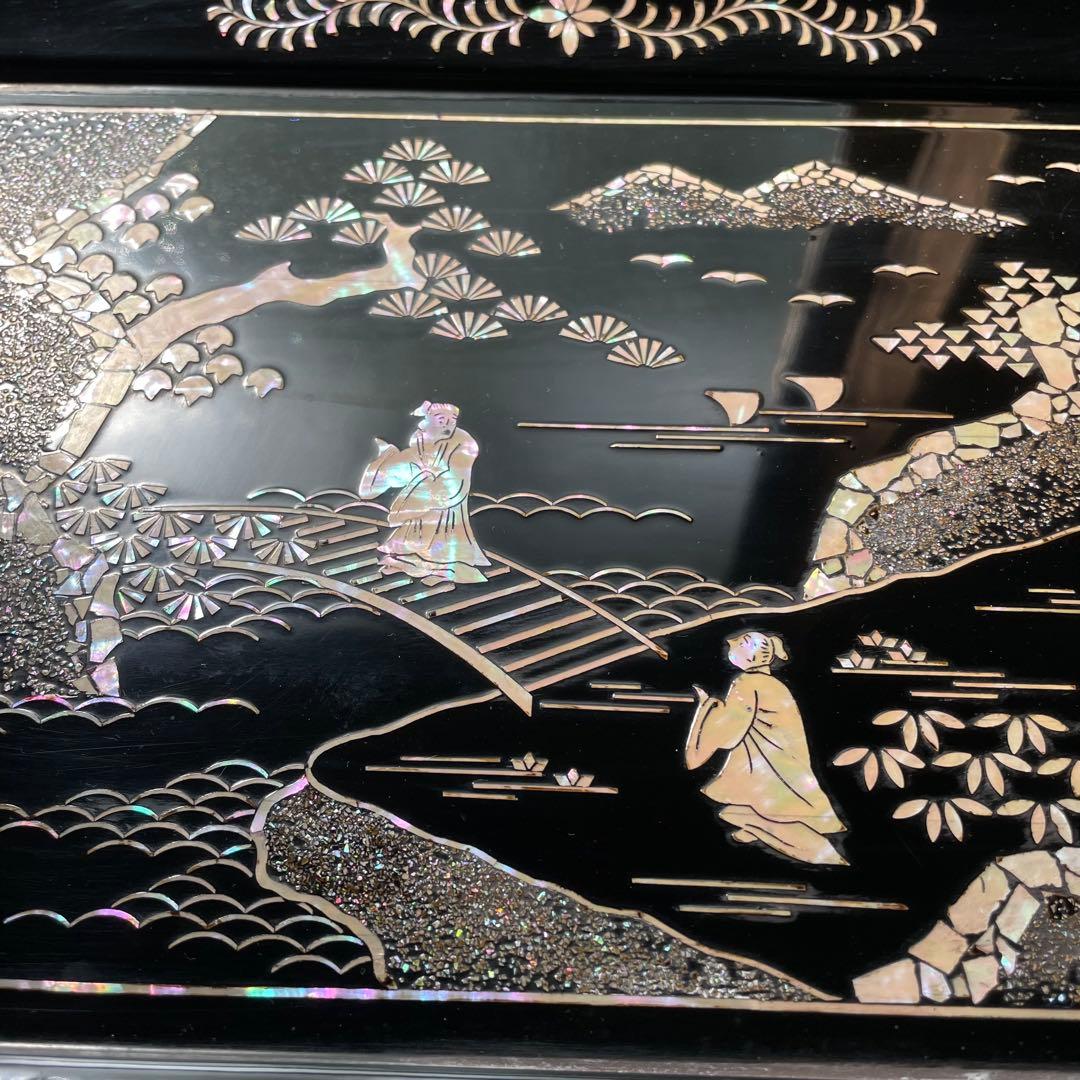 黒塗り盆 螺鈿 長方形 26㎝×35㎝ 漆器 盆 螺鈿細工 長方盆 木製 お盆