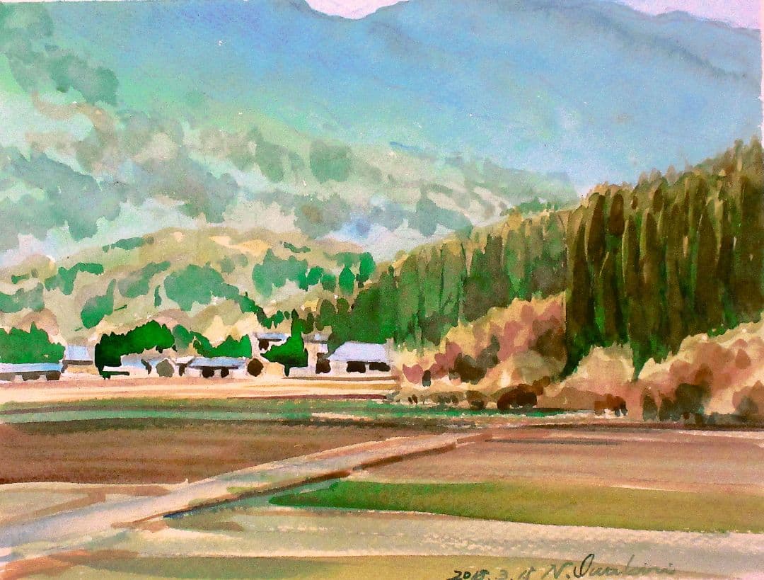 2018年 田園風景 水彩画 額装済みF6サイズ 原画