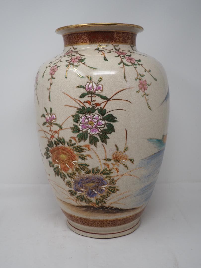 色絵金彩金蘭手花鳥図　薩摩焼　花瓶　壷　-SO