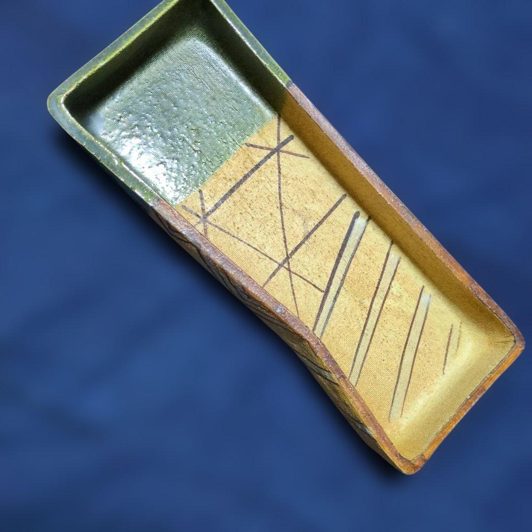 小原流生け花 古い織部焼 緑✕土色長型水盤 花器