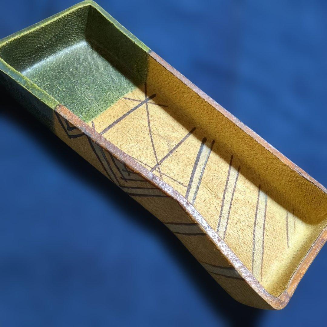 小原流生け花 古い織部焼 緑✕土色長型水盤 花器