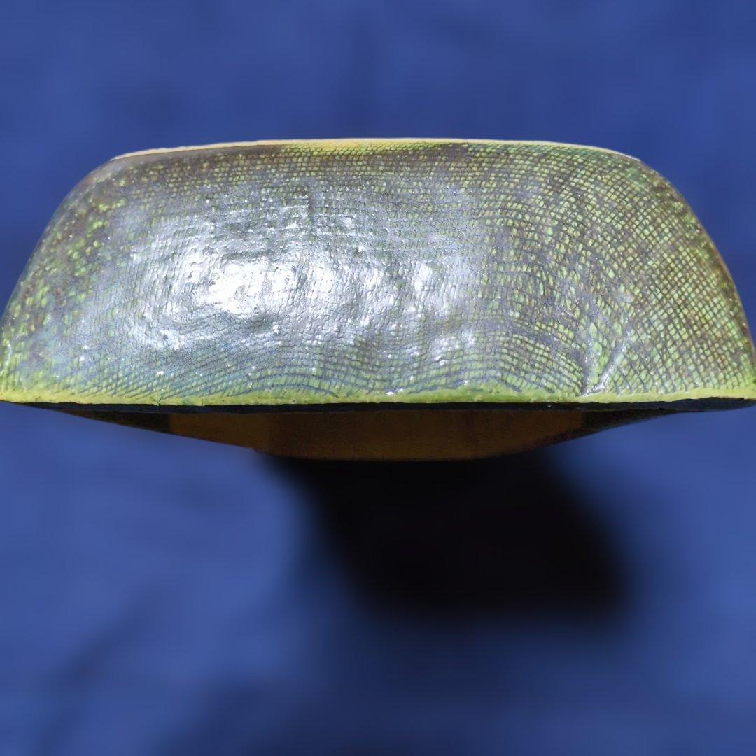 小原流生け花 古い織部焼 緑✕土色長型水盤 花器