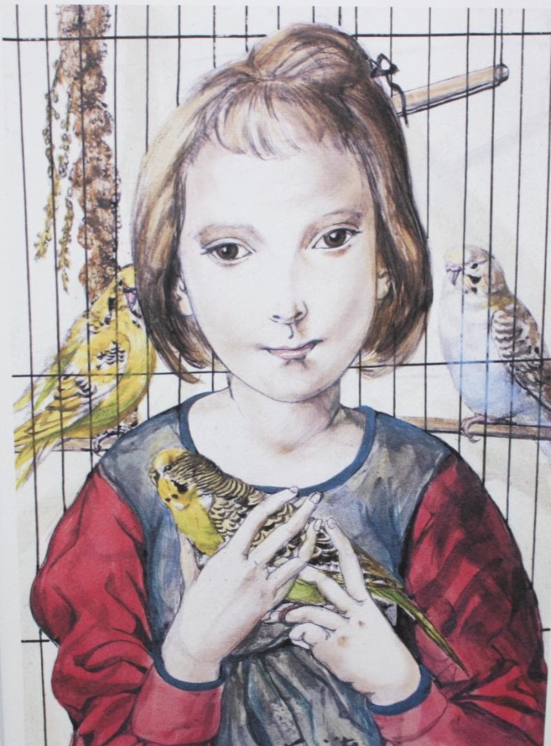 藤田嗣治 エスタンプリトグラフ「鳥を持つ少女」 171/250