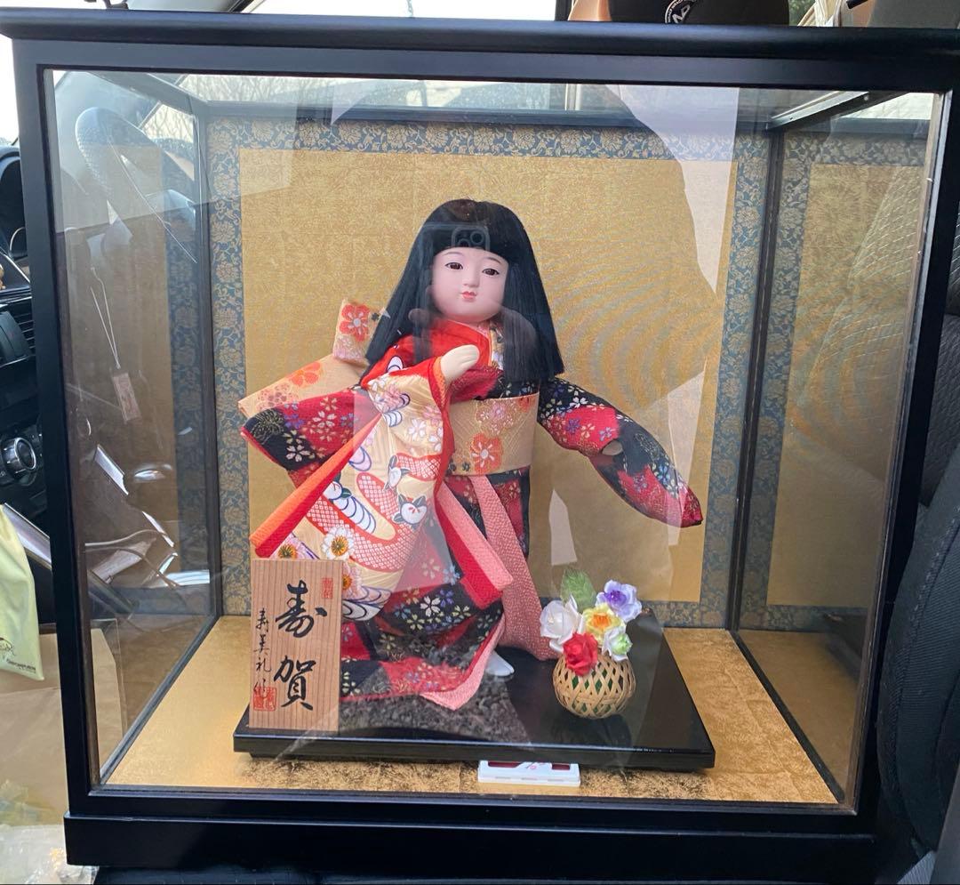 寿美礼作 日本人形 寿賀 ガラスケース入り 着物人形 伝統工芸品 ガラスケース付
