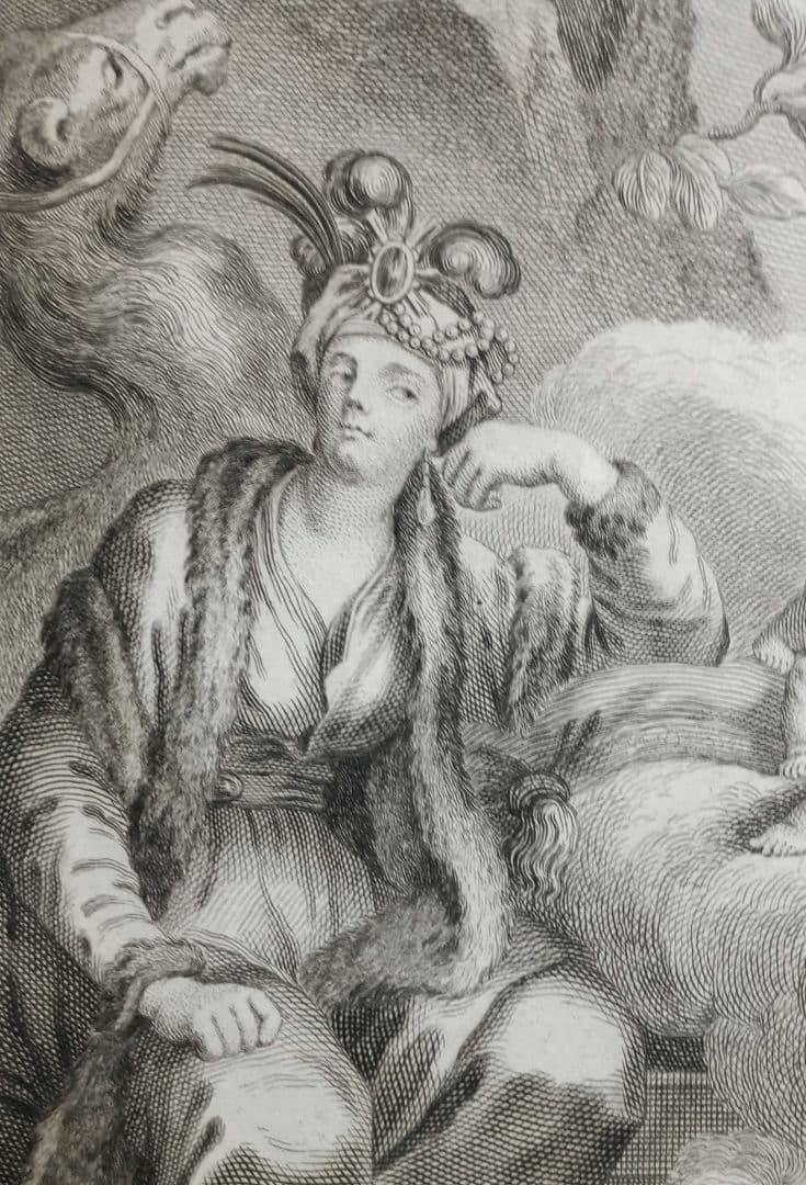 額装品　18世紀　R.ボーゴンディ　「地図帳の扉絵」　大型作品　稀少　版刻精緻