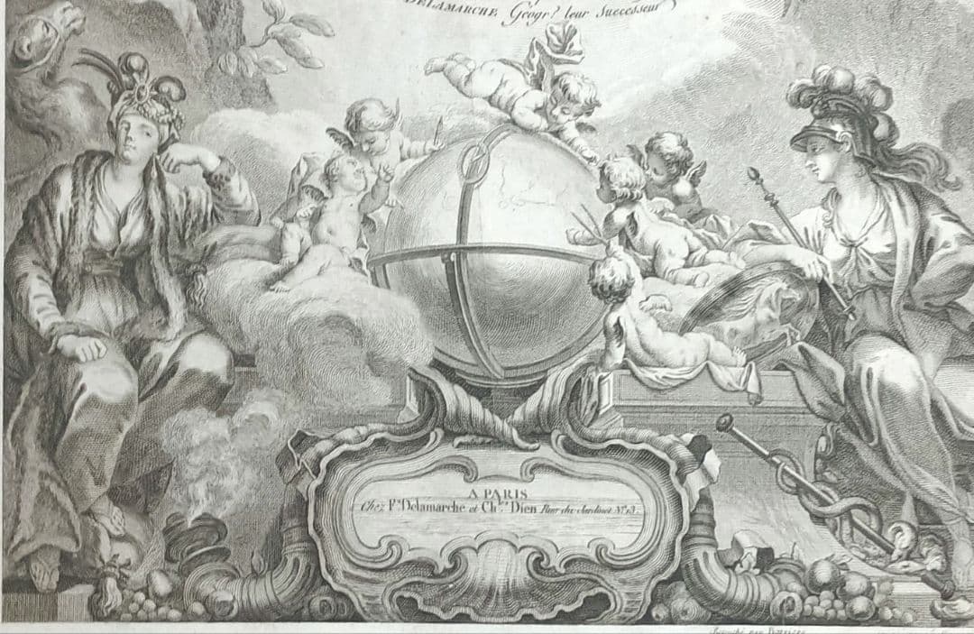 額装品　18世紀　R.ボーゴンディ　「地図帳の扉絵」　大型作品　稀少　版刻精緻