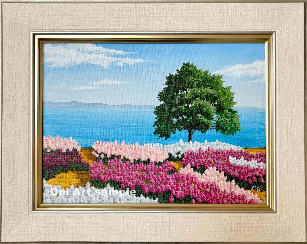 アクリル画　原画　「ストックの咲く丘」額縁付　F4サイズ　キャンバス