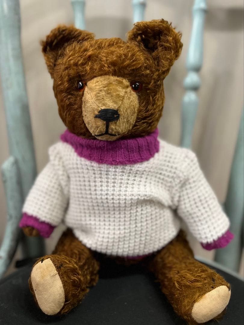 最終お値下げ素朴で可愛いドイツアンティークベア藁詰めグラスアイ鳴きます38㌢