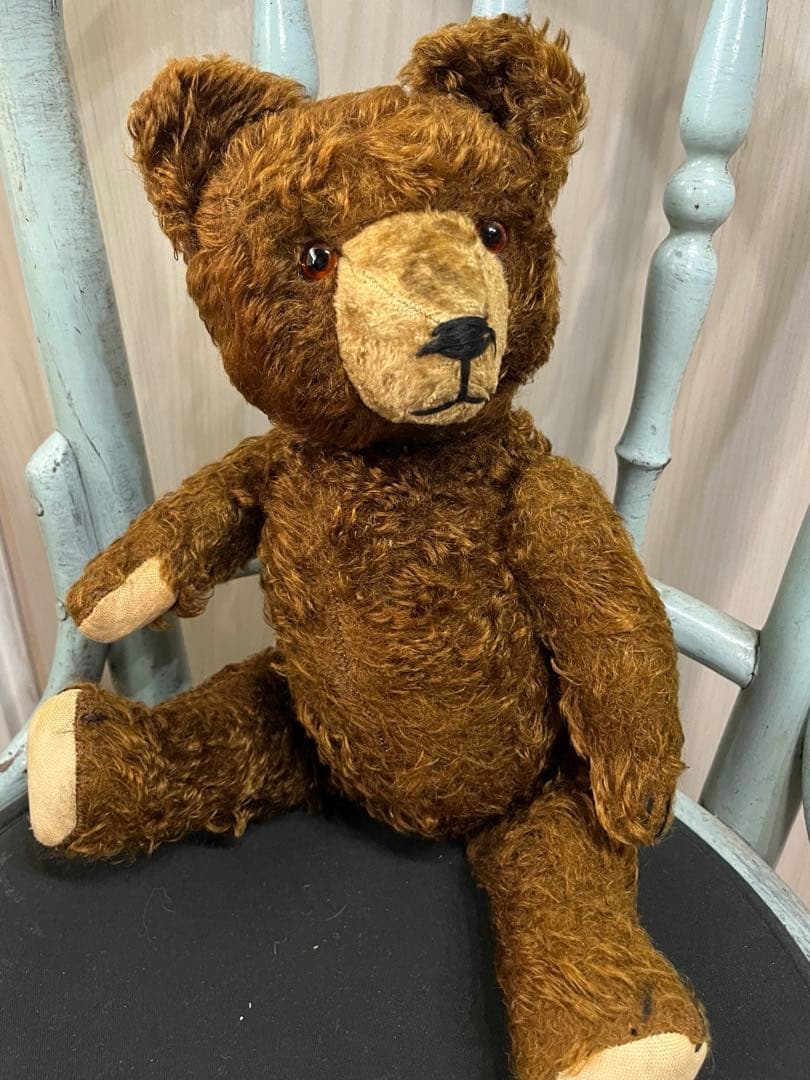 最終お値下げ素朴で可愛いドイツアンティークベア藁詰めグラスアイ鳴きます38㌢