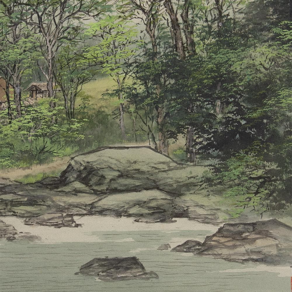 掛軸 横幅 百瀬徳三郎「山村清趣之図」民家 共箱 美術年鑑掲載画家