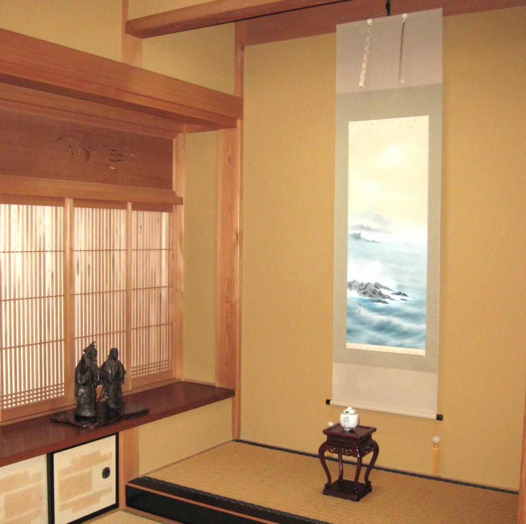 ゼ*店様 【特価掛け軸】彩色山水(夏の海の風景)◆田中祥堂 (真筆・新品)共箱・