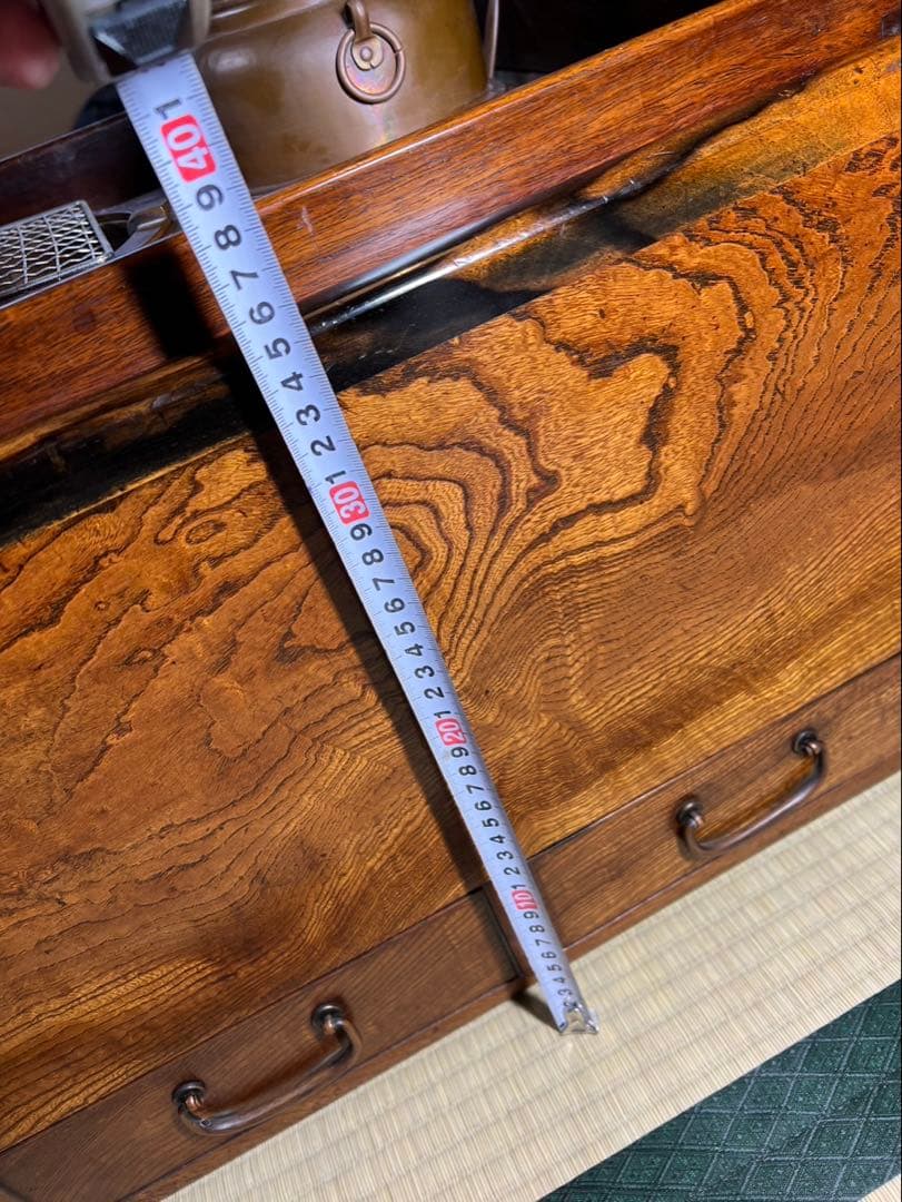 江戸後期　欅黒柿縁長火鉢 骨董状態良、灰五徳付