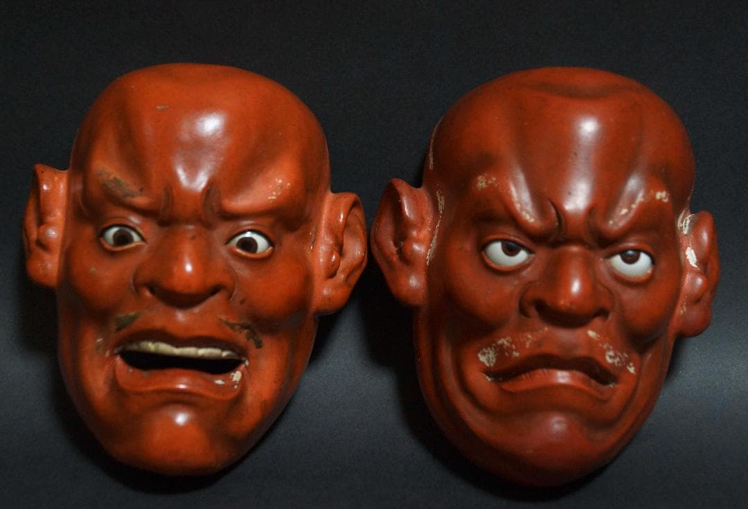 陶器製 玉眼 面 小面 魔除け 壁掛け 飾り物 二点セット 箱付