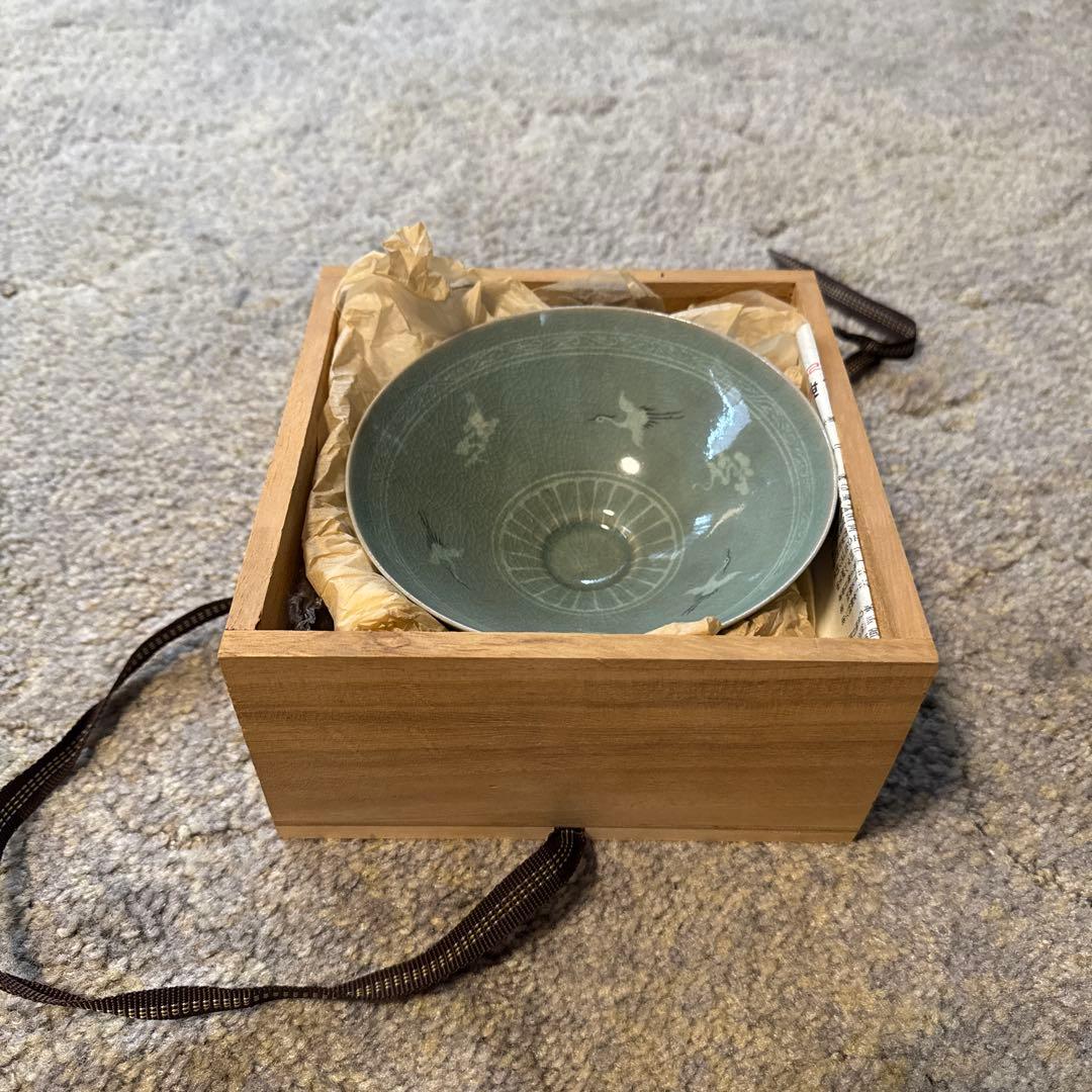 緑色 鶴模様 茶碗