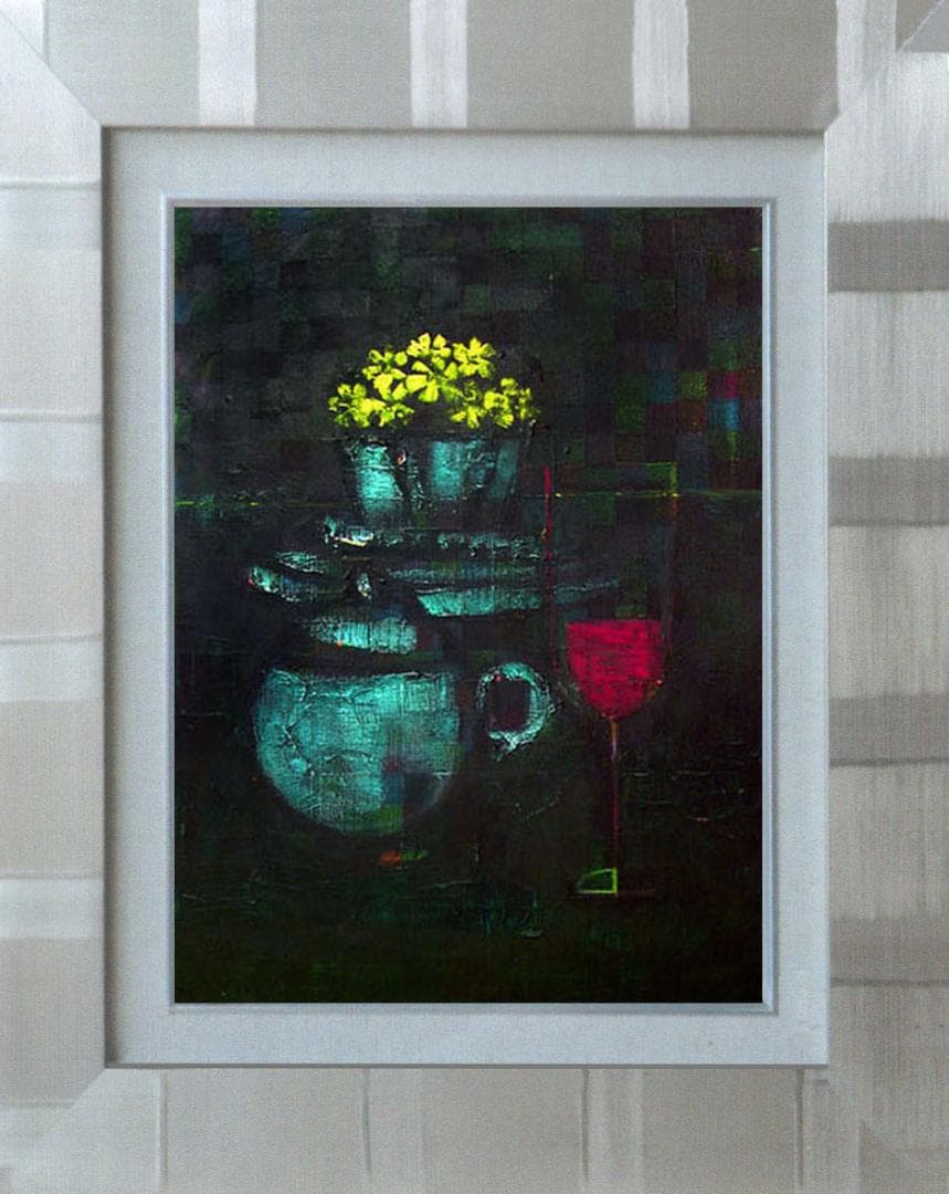 油絵 菅家令子 絵 絵画 インテリア uF6-063404 静物 花 グラス 器