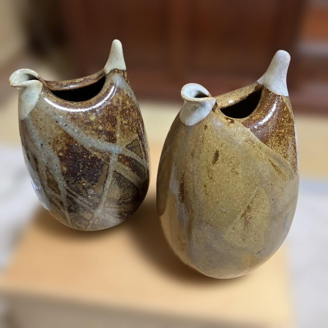 越中瀬戸焼★「庄楽窯」釋永由紀夫 造★『雷鳥 徳利』一対★未使用　専用箱有り