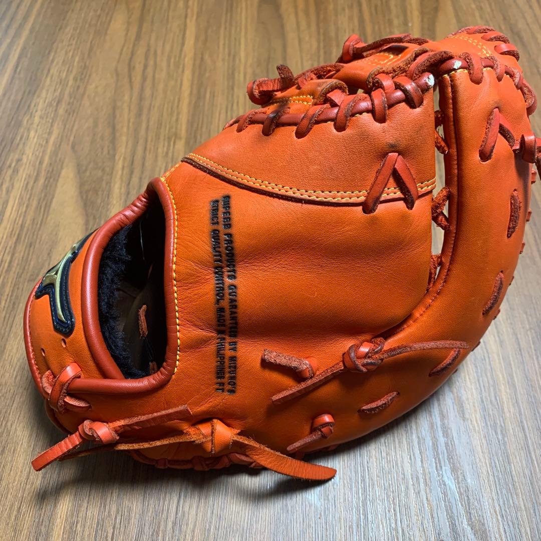 ファーストミット左利き用　オレンジ レザー 野球グローブ 軟式用ミズノ