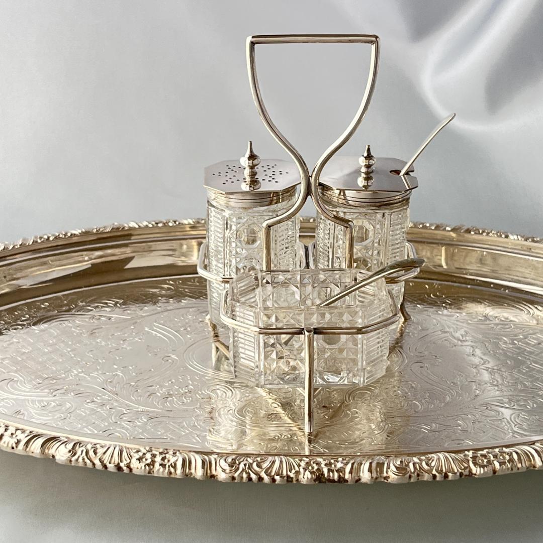【英国】コンディメントセット / スタンド 【ガラス / シルバープレート】