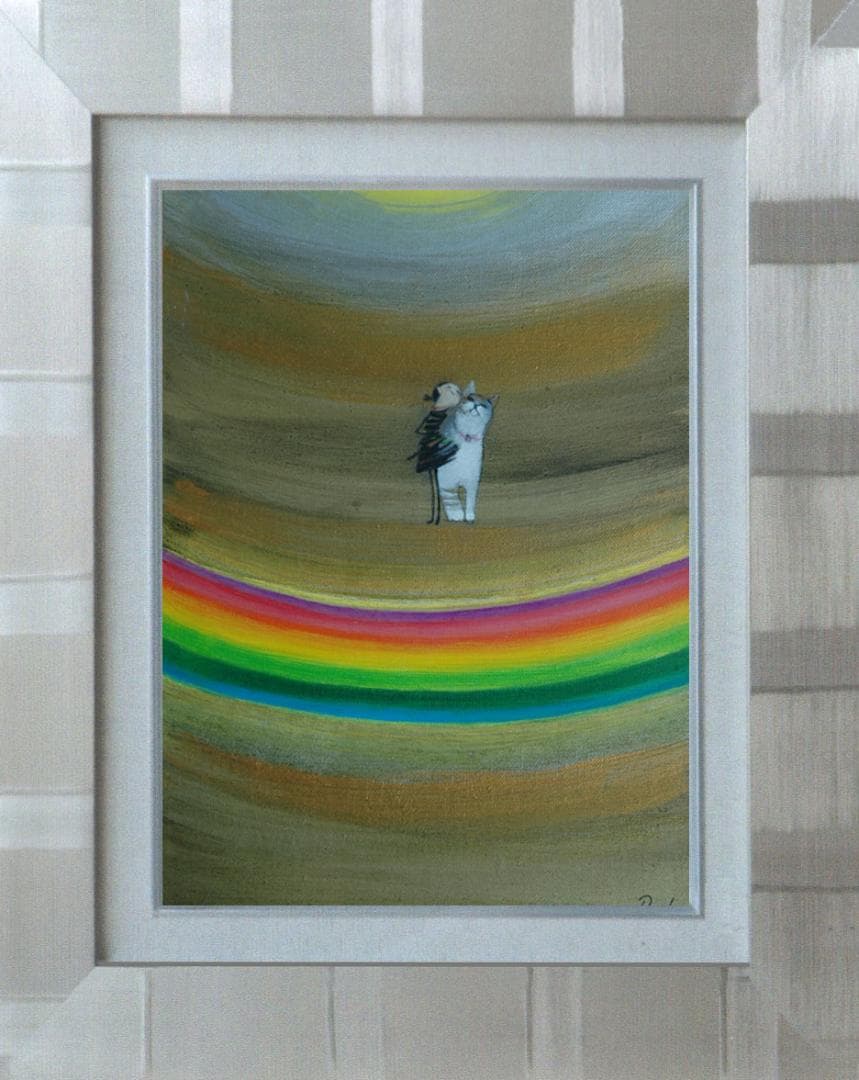 油絵 菅家令子 絵 絵画インテリア額付(黒) F3-030919子犬子猫と女の子